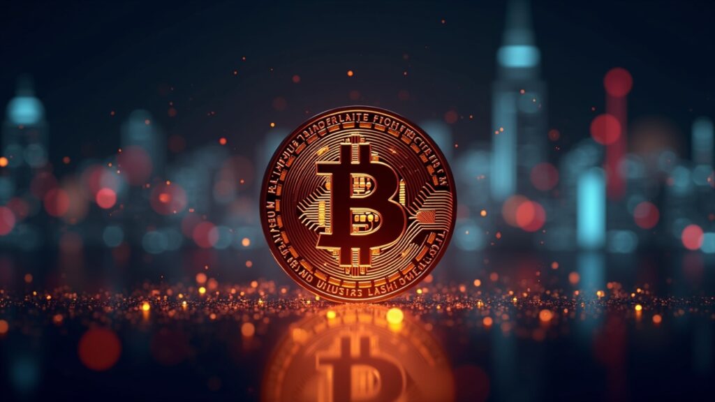 Bitcoin fotorrealista en el centro, red neuronal de IA luminosa, siluetas de centros de datos y gráficos de mercado que se desvanecen.