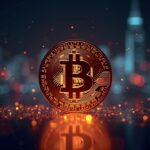 Bitcoin fotorrealista en el centro, red neuronal de IA luminosa, siluetas de centros de datos y gráficos de mercado que se desvanecen.