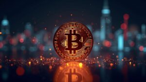 Bitcoin fotorrealista en el centro, red neuronal de IA luminosa, siluetas de centros de datos y gráficos de mercado que se desvanecen.
