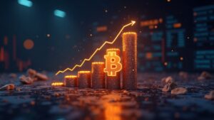 Símbolo fotorealista de Bitcoin en el centro con una escalera de precios luminosa que muestra 93k-118k en un telón de fondo cripto al estilo de una sala de redacción
