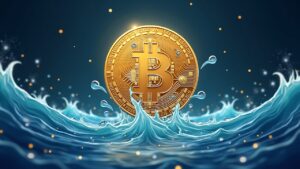 Bitcoin rodeado de liquidez fluyente, escalas de precios y libros de órdenes pulsantes mientras el CPI se enfría.