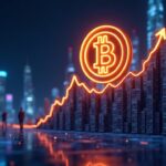 Icono fotorrealista de Bitcoin elevándose sobre un distrito financiero moderno, con gráficos ascendentes en neón y figuras institucionales con traje.