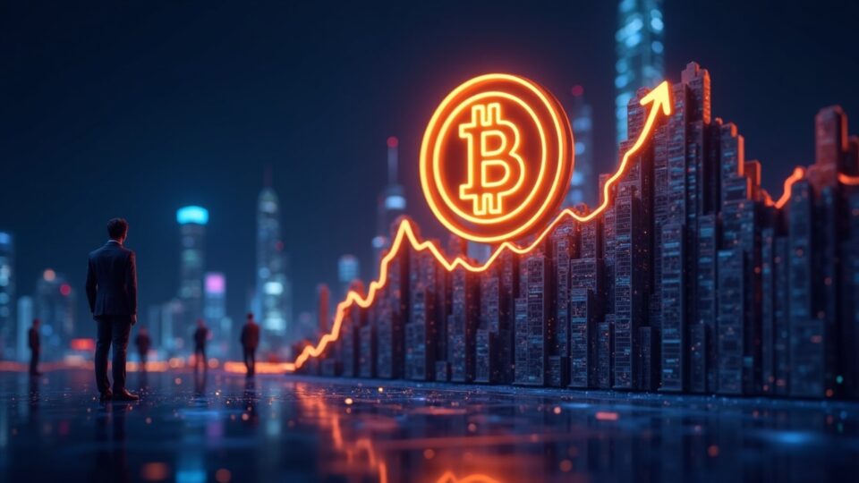 Icono fotorrealista de Bitcoin elevándose sobre un distrito financiero moderno, con gráficos ascendentes en neón y figuras institucionales con traje.