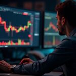 Sala de redacción fotorrealista con un operador en una configuración de múltiples monitores, gráfico de precios de Bitcoin, superposición de liquidaciones y velas rojas/verdes.