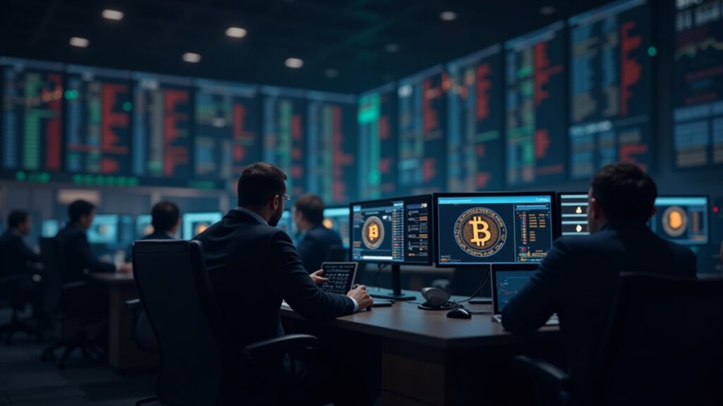 Piso de negociación fotorrealista que muestra logotipos de Bitcoin en pantallas, con traders institucionales y un motivo de halving.
