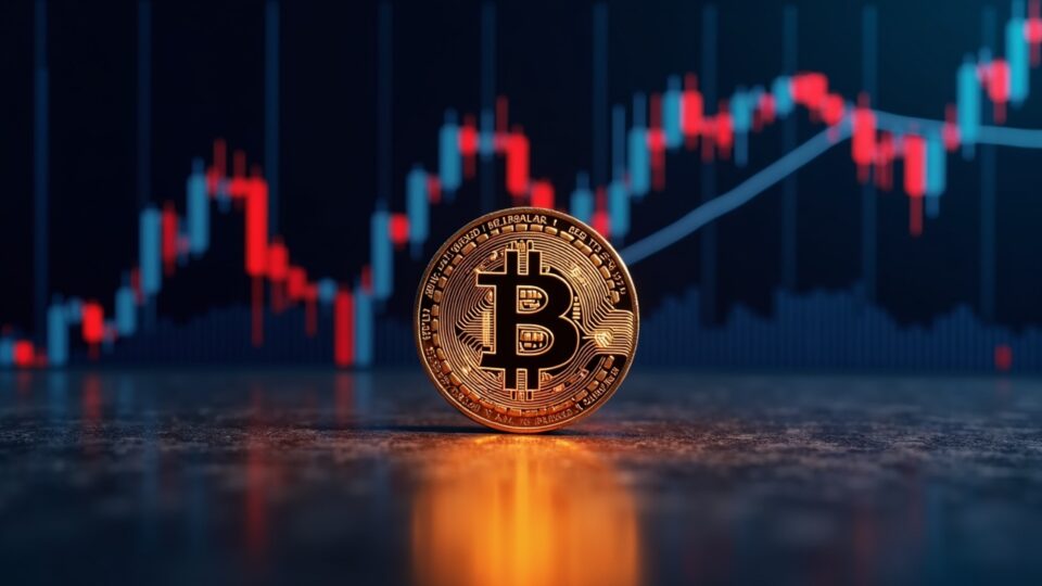 Moneda Bitcoin fotorrealista en el centro con un gráfico de precios detrás, mostrando la resistencia de 100k y flechas rojas STH frente a flechas azules LTH/ballena.