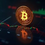 Logotipo fotorrealista de Bitcoin sobre un panel de cotizaciones de mercados de predicción que señala sentimiento de cautela.
