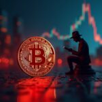 Bitcoin fotorrealista en primer plano con una gráfica de precios roja, silueta de un regulador en sombra y un fondo de ciudad digital.