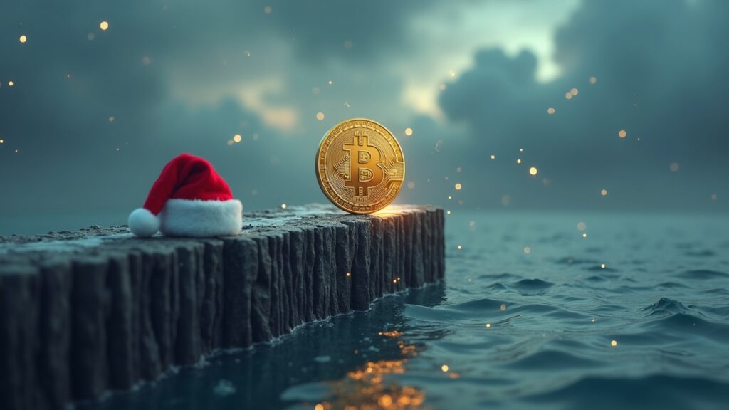 Bitcoin fotorrealista sobre un puente Ledger por encima de un mar de números, gorro de Papá Noel cerca, iconos de ETF y regulatorios en nubes tormentosas.