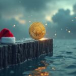 Bitcoin fotorrealista sobre un puente Ledger por encima de un mar de números, gorro de Papá Noel cerca, iconos de ETF y regulatorios en nubes tormentosas.