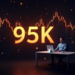 Gráfico del precio de Bitcoin rompiendo por encima de 95k con corrientes de liquidez brillantes convergiendo, analista en un elegante escritorio de redacción