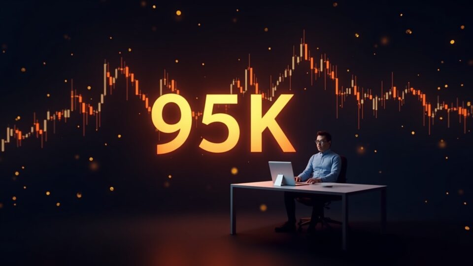 Gráfico del precio de Bitcoin rompiendo por encima de 95k con corrientes de liquidez brillantes convergiendo, analista en un elegante escritorio de redacción