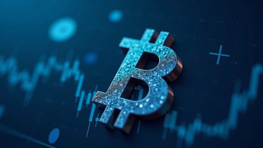 Redacción cripto realista con el símbolo de Bitcoin sobre un gráfico en caída, destacando la cruz de la muerte y la figura de hombro-cabeza-hombros.