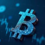 Redacción cripto realista con el símbolo de Bitcoin sobre un gráfico en caída, destacando la cruz de la muerte y la figura de hombro-cabeza-hombros.