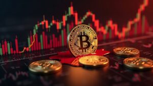 Símbolo fotorealista de Bitcoin sangrando sobre un gráfico de precios rojo, con gráficos bursátiles desvaneciéndose, lingotes de oro y chips de IA.