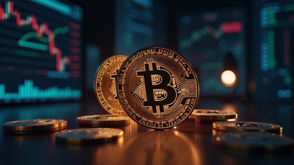 Moneda Bitcoin fotorrealista desciende junto a un indicador luminoso de 90k con cotizaciones bursátiles, código de IA y la iluminación de una sala de redacción.