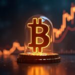 Símbolo de Bitcoin fotorrealista elevándose por encima de un techo de cristal sobre un gráfico de negociación iluminado.