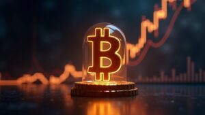 Símbolo de Bitcoin fotorrealista elevándose por encima de un techo de cristal sobre un gráfico de negociación iluminado.