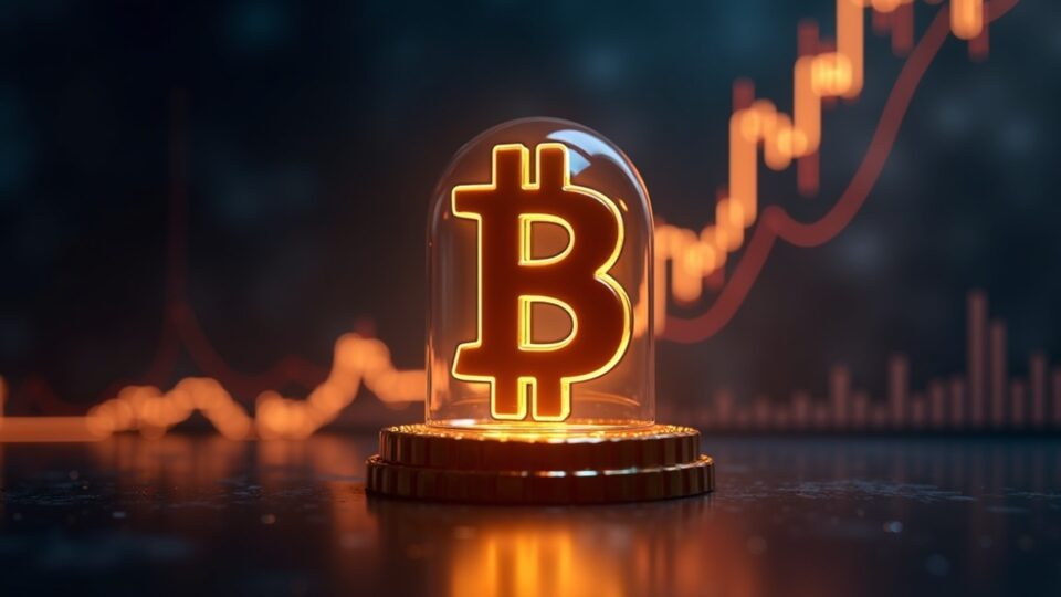 Símbolo de Bitcoin fotorrealista elevándose por encima de un techo de cristal sobre un gráfico de negociación iluminado.