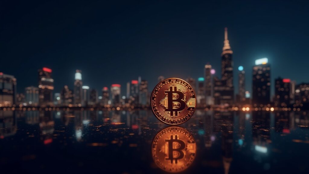Token de Bitcoin fotorrealista elevándose sobre el skyline nocturno de una ciudad con líneas de blockchain luminosas y datos de mercado.