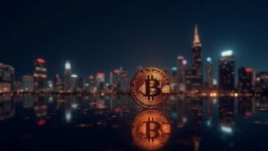 Token de Bitcoin fotorrealista elevándose sobre el skyline nocturno de una ciudad con líneas de blockchain luminosas y datos de mercado.