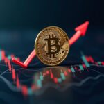 Moneda Bitcoin fotorrealista sobre un gráfico de mercado que cae por debajo de 100k, con flechas de recuperación y presencia del ETF de Bitwise.