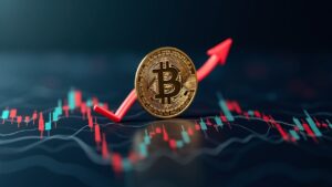Moneda Bitcoin fotorrealista sobre un gráfico de mercado que cae por debajo de 100k, con flechas de recuperación y presencia del ETF de Bitwise.