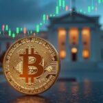 Primer plano de una moneda Bitcoin con un tope holográfico de precio de 94k, edificio de la Federal Reserve desenfocado en el fondo.