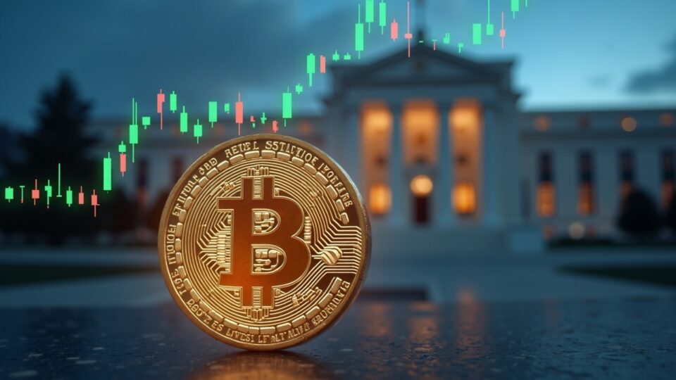 Primer plano de una moneda Bitcoin con un tope holográfico de precio de 94k, edificio de la Federal Reserve desenfocado en el fondo.