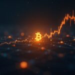 Logo de Bitcoin bajo una línea de precio resplandeciente en la apertura del mercado de EE.UU., iconos de flujos de ETF y una sutil red de nodos en estilo de sala de redacción