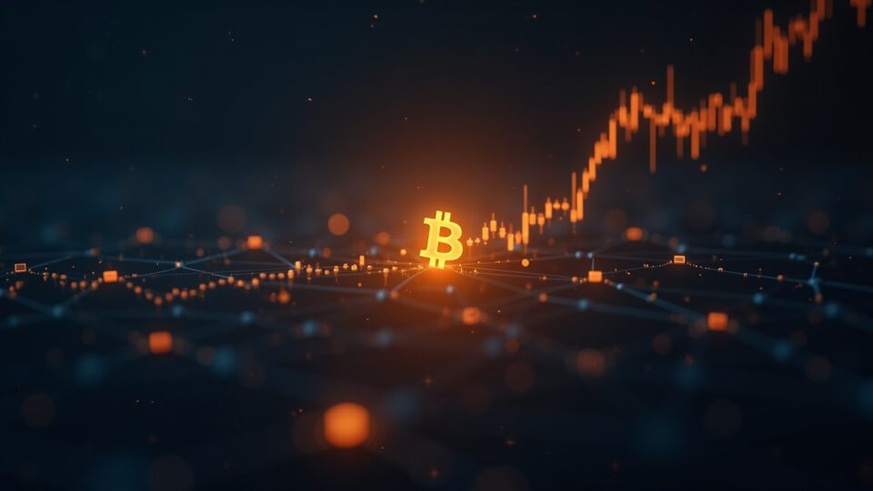 Logo de Bitcoin bajo una línea de precio resplandeciente en la apertura del mercado de EE.UU., iconos de flujos de ETF y una sutil red de nodos en estilo de sala de redacción