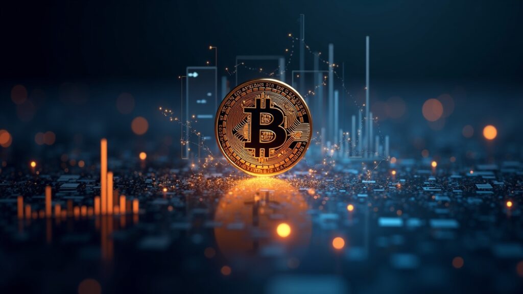 Moneda Bitcoin fotorrealista con gráficos holográficos de volatilidad y una cuenta regresiva que señala un importante vencimiento de opciones.