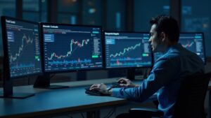 Operador al estilo de una sala de prensa en un escritorio limpio con paneles en tiempo real de BVX y BVXS sobre gráficos de Bitcoin.