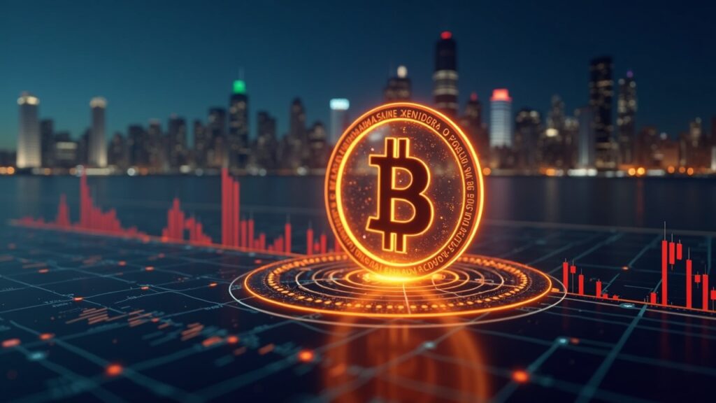 Logotipo de Bitcoin sobre un panel de operaciones luminoso con el horizonte de Wall Street y gráficos ascendentes que señalan la afluencia institucional de BTC.