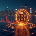 Logotipo de Bitcoin sobre un panel de operaciones luminoso con el horizonte de Wall Street y gráficos ascendentes que señalan la afluencia institucional de BTC.