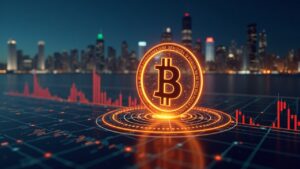 Logotipo de Bitcoin sobre un panel de operaciones luminoso con el horizonte de Wall Street y gráficos ascendentes que señalan la afluencia institucional de BTC.