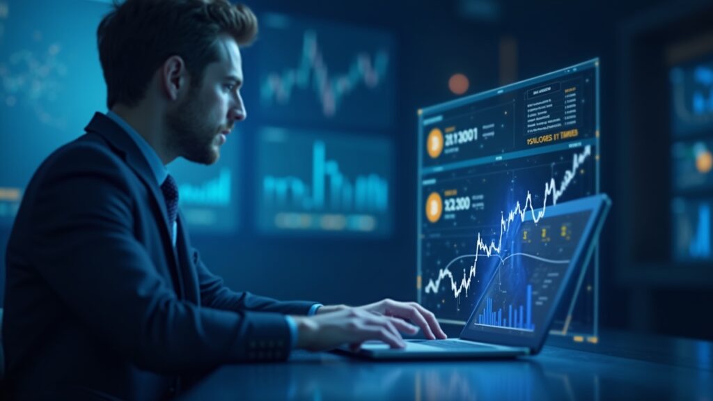 Escena fotorrealista de una sala de prensa con un analista concentrado y gráficos holográficos de Bitcoin/XRP además de un gráfico azul ascendente.