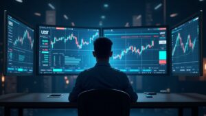 Operador fotorrealista en un escritorio elegante con pantallas holográficas que muestran EURUSD, XAUUSD y CFDs de acciones, destacando márgenes en USDT.