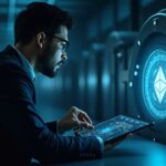 Un analista de tesorería examina un holograma brillante del libro mayor de ETH dentro de una bóveda segura, señalando el movimiento de $150M en Ether.