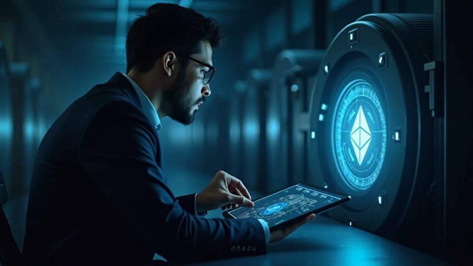 Un analista de tesorería examina un holograma brillante del libro mayor de ETH dentro de una bóveda segura, señalando el movimiento de $150M en Ether.