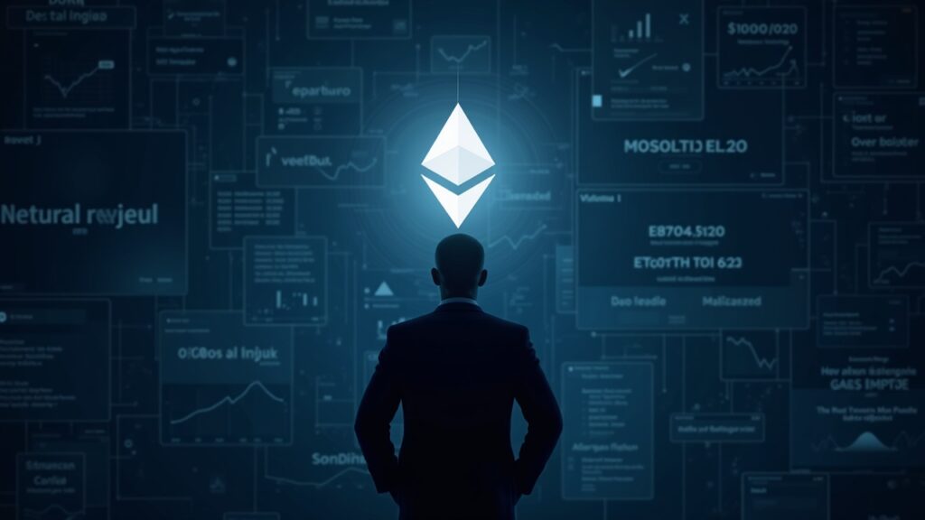 Cabecera fotorrealista: silueta ejecutiva junto a un logotipo de Ethereum brillante sobre una cuadrícula de cadena de bloques con cotizaciones del mercado.