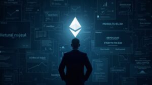 Cabecera fotorrealista: silueta ejecutiva junto a un logotipo de Ethereum brillante sobre una cuadrícula de cadena de bloques con cotizaciones del mercado.