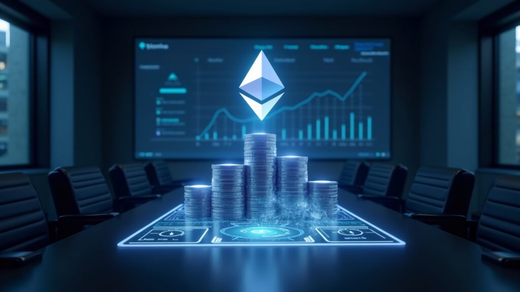 Sala de juntas fotorrealista con un holograma de Ethereum brillante, barras de ETH en ascenso en un panel digital y la marca BitMine.