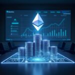 Sala de juntas fotorrealista con un holograma de Ethereum brillante, barras de ETH en ascenso en un panel digital y la marca BitMine.