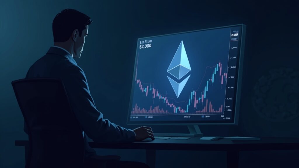 Ejecutivo fotorealista de BitMine revisa los precios de ETH en una pantalla grande con el logo de Ethereum y un marcador de $2,500