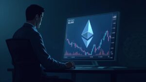 Ejecutivo fotorealista de BitMine revisa los precios de ETH en una pantalla grande con el logo de Ethereum y un marcador de $2,500