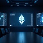 Escena de sala de juntas con logotipos de Ethereum en pantallas, gráficos de datos y una bóveda digital de ETH, señalando acumulación institucional.