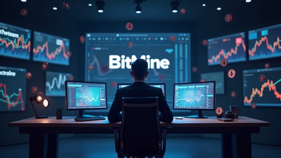 Sala de prensa fotorrealista: logotipo de BitMine, monedas de Ethereum orbitan un gráfico de tesorería, caída de precio en rojo, ejecutivo confiado en primer plano.