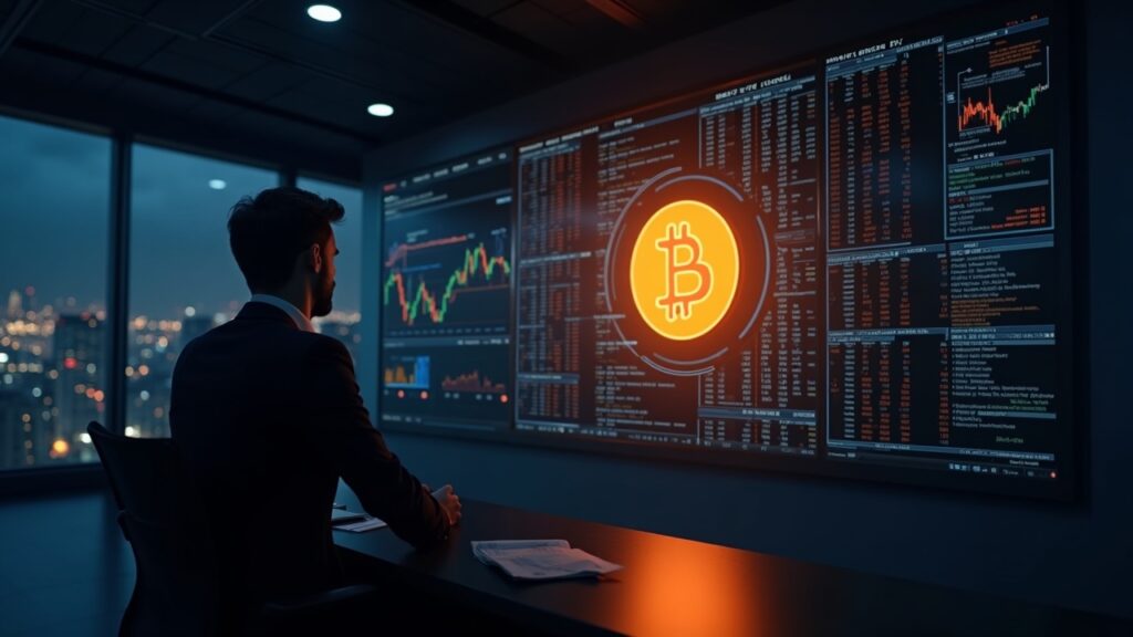 Sala de redacción elegante con tickers bursátiles desvaneciéndose y un cortafuegos bloqueando un logotipo brillante de Bitcoin, ilustrando el riesgo accionario desacoplado.