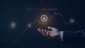 Gráfico índice cripto sobre el logo de NYSE Arca con iconos de BTC, ETH, SOL y un corredor intercambiando un token bajo un resplandor regulatorio.